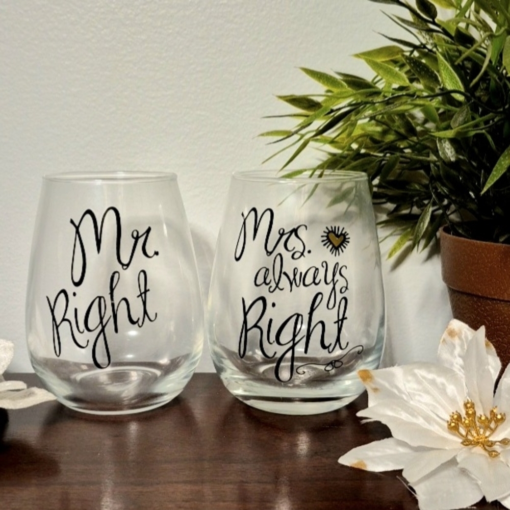 Mr Right & Mrs Always Right Stemless Wineglass Set Bridal Anniversary Humor Bar